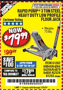 Harbor Freight Coupon RAPID PUMP 3 TON LOW PROFILE HEAVY DUTY STEEL FLOOR JACK Lot No. 64264/64266/64879/64881/61282/62326/61253 Expired: 11/9/19 - $79.99