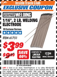 Harbor Freight ITC Coupon WELDING ELECTRODE Lot No. 61751 Expired: 4/30/19 - $3.99