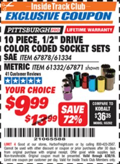 Harbor Freight ITC Coupon 10 PIECE COLOR CODED SOCKETS Lot No. 67878/61334/61332/67871 Expired: 4/30/19 - $9.99