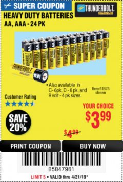 Harbor Freight Coupon HEAVY DUTY BATTERIES Lot No. 61273/61275/61675/68383/61274 Expired: 4/21/19 - $3.99