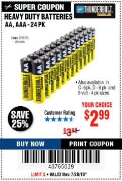 Harbor Freight Coupon HEAVY DUTY BATTERIES Lot No. 61273/61275/61675/68383/61274 Expired: 7/28/19 - $2.99