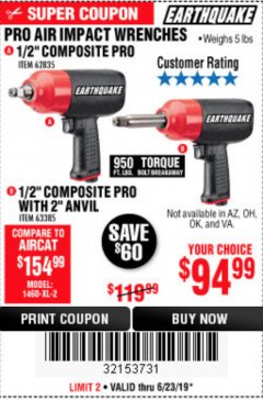 Harbor Freight Coupon PRO AIR IMPACT WRENCHES A 1/2" COMPOSITE PRO B 1/2" WITH 2" ANVIL Lot No. 62835/63385 Expired: 6/23/19 - $94.99