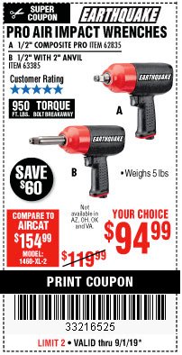 Harbor Freight Coupon PRO AIR IMPACT WRENCHES A 1/2" COMPOSITE PRO B 1/2" WITH 2" ANVIL Lot No. 62835/63385 Expired: 9/1/19 - $94.99
