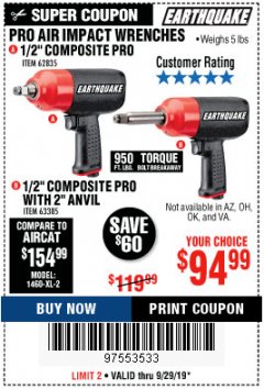 Harbor Freight Coupon PRO AIR IMPACT WRENCHES A 1/2" COMPOSITE PRO B 1/2" WITH 2" ANVIL Lot No. 62835/63385 Expired: 9/29/19 - $94.99
