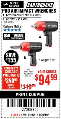 Harbor Freight Coupon PRO AIR IMPACT WRENCHES A 1/2" COMPOSITE PRO B 1/2" WITH 2" ANVIL Lot No. 62835/63385 Expired: 10/20/19 - $94.99