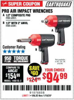 Harbor Freight Coupon PRO AIR IMPACT WRENCHES A 1/2" COMPOSITE PRO B 1/2" WITH 2" ANVIL Lot No. 62835/63385 Expired: 1/19/20 - $94.99