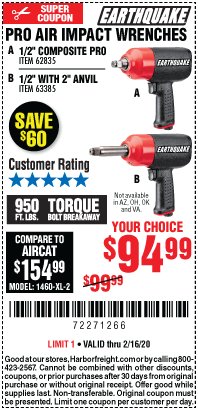 Harbor Freight Coupon PRO AIR IMPACT WRENCHES A 1/2" COMPOSITE PRO B 1/2" WITH 2" ANVIL Lot No. 62835/63385 Expired: 2/16/20 - $94.99