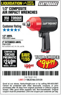 Harbor Freight Coupon PRO AIR IMPACT WRENCHES A 1/2" COMPOSITE PRO B 1/2" WITH 2" ANVIL Lot No. 62835/63385 Expired: 3/31/20 - $94.99