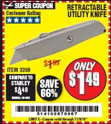 Harbor Freight Coupon RETRACTABLE UTILITY KNIFE Lot No. 57107 Expired: 11/9/19 - $1.49