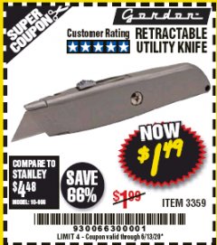 Harbor Freight Coupon RETRACTABLE UTILITY KNIFE Lot No. 57107 Expired: 6/30/20 - $1.49