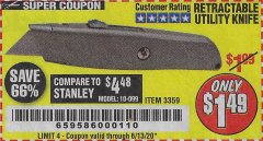 Harbor Freight Coupon RETRACTABLE UTILITY KNIFE Lot No. 57107 Expired: 6/13/20 - $1.49