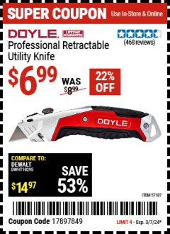 Harbor Freight Coupon RETRACTABLE UTILITY KNIFE Lot No. 57107 Valid Thru: 3/7/24 - $6.99