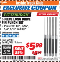 Harbor Freight ITC Coupon 5 PIECE LONG DRIVE PIN PUNCH SET Lot No. 93111 Expired: 10/31/19 - $5.99
