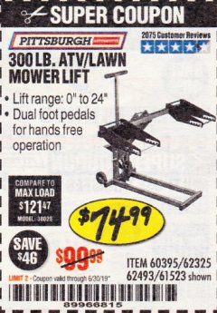 Harbor Freight Coupon ATV/LAWN MOWER LIFT Lot No. 60395/62325/62493/61523 Expired: 6/30/19 - $74.99