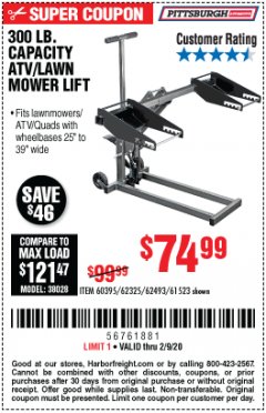 Harbor Freight Coupon ATV/LAWN MOWER LIFT Lot No. 60395/62325/62493/61523 Expired: 2/9/20 - $74.99