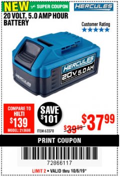 Harbor Freight Coupon HERCULES 20 VOLT, 5.0 AMP HOUR BATTERY Lot No. 63378 Expired: 10/6/19 - $37.99
