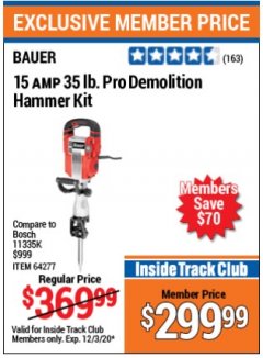 Harbor Freight ITC Coupon BAUER 15AMP PRO DEMOLITION HAMMER KIT Lot No. 64277/64276/6403435/63438 Expired: 12/3/20 - $299.99