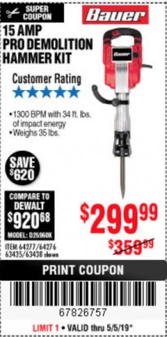 Harbor Freight Coupon BAUER 15AMP PRO DEMOLITION HAMMER KIT Lot No. 64277/64276/6403435/63438 Expired: 5/5/19 - $299.99