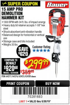 Harbor Freight Coupon BAUER 15AMP PRO DEMOLITION HAMMER KIT Lot No. 64277/64276/6403435/63438 Expired: 6/30/19 - $299.99