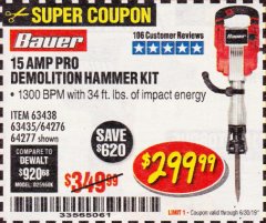 Harbor Freight Coupon BAUER 15AMP PRO DEMOLITION HAMMER KIT Lot No. 64277/64276/6403435/63438 Expired: 6/30/19 - $299.99