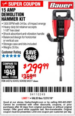 Harbor Freight Coupon BAUER 15AMP PRO DEMOLITION HAMMER KIT Lot No. 64277/64276/6403435/63438 Expired: 12/31/19 - $299.99