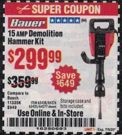 Harbor Freight Coupon BAUER 15AMP PRO DEMOLITION HAMMER KIT Lot No. 64277/64276/6403435/63438 Expired: 7/5/20 - $299.99