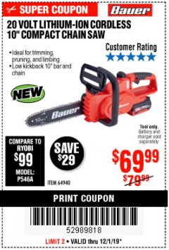 Harbor Freight Coupon BAUER 20 VOLT LITHIUM CORDLESS 10" COMPACT CHAIN SAW Lot No. 64940 Expired: 12/1/19 - $69.99