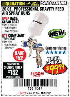Harbor Freight Coupon SPECTRUM 20 OZ. PROFESSIONAL GRAVITY FEED AIR SPRAY GUNS (HVLP/HTE) Lot No. 64823/64824 Expired: 10/31/19 - $99.99