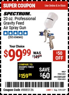 Harbor Freight Coupon SPECTRUM 20 OZ. PROFESSIONAL GRAVITY FEED AIR SPRAY GUNS (HVLP/HTE) Lot No. 64823/64824 Expired: 7/31/22 - $99.99