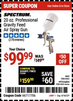 Harbor Freight Coupon SPECTRUM 20 OZ. PROFESSIONAL GRAVITY FEED AIR SPRAY GUNS (HVLP/HTE) Lot No. 64823/64824 Expired: 9/18/22 - $99.99
