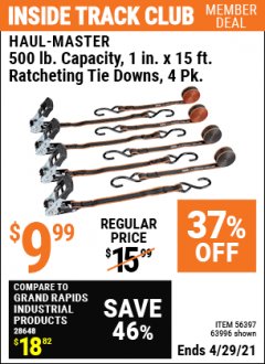 Harbor Freight ITC Coupon RATCHETING TIE DOWNS Lot No. 56397 Expired: 4/29/21 - $9.99