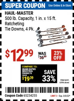 Harbor Freight Coupon RATCHETING TIE DOWNS Lot No. 56397 Expired: 3/3/22 - $12.99