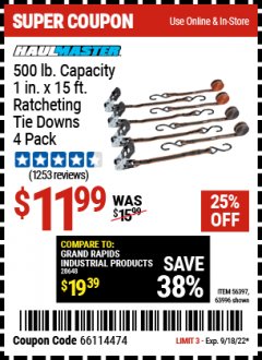 Harbor Freight Coupon RATCHETING TIE DOWNS Lot No. 56397 Expired: 9/18/22 - $11.99