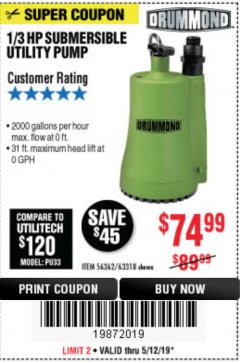 Harbor Freight Coupon 1/3 HP SUBMERSIBLE UTILITY PUMP Lot No. 56362/63318 Expired: 5/12/19 - $74.99