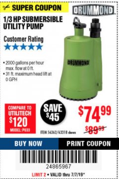 Harbor Freight Coupon 1/3 HP SUBMERSIBLE UTILITY PUMP Lot No. 56362/63318 Expired: 7/7/19 - $74.99