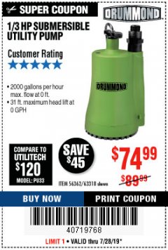 Harbor Freight Coupon 1/3 HP SUBMERSIBLE UTILITY PUMP Lot No. 56362/63318 Expired: 7/28/19 - $74.99