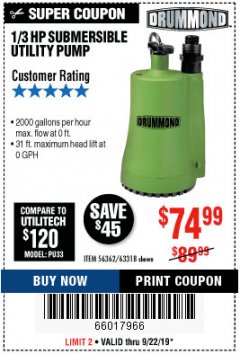 Harbor Freight Coupon 1/3 HP SUBMERSIBLE UTILITY PUMP Lot No. 56362/63318 Expired: 9/22/19 - $74.99