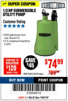 Harbor Freight Coupon 1/3 HP SUBMERSIBLE UTILITY PUMP Lot No. 56362/63318 Expired: 10/6/19 - $74.99