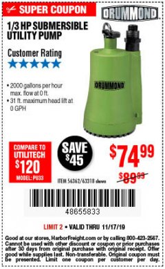 Harbor Freight Coupon 1/3 HP SUBMERSIBLE UTILITY PUMP Lot No. 56362/63318 Expired: 11/17/19 - $74.99