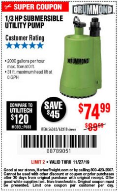 Harbor Freight Coupon 1/3 HP SUBMERSIBLE UTILITY PUMP Lot No. 56362/63318 Expired: 11/27/19 - $74.99