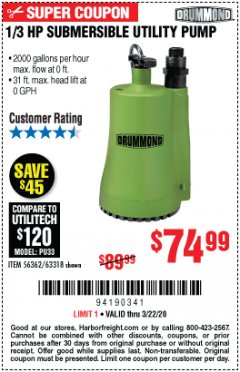 Harbor Freight Coupon 1/3 HP SUBMERSIBLE UTILITY PUMP Lot No. 56362/63318 Expired: 3/22/20 - $74.99