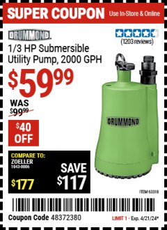 Harbor Freight Coupon 1/3 HP SUBMERSIBLE UTILITY PUMP Lot No. 56362/63318 Expired: 4/21/24 - $59.99