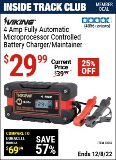 Harbor Freight ITC Coupon 4 AMP FULLY AUTOMATIC MICROPROCESSOR CONTROLLED BATTERY CHARGER/MAINTAINER Lot No. 63350 Expired: 12/8/22 - $29.99