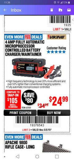 Harbor Freight Coupon 4 AMP FULLY AUTOMATIC MICROPROCESSOR CONTROLLED BATTERY CHARGER/MAINTAINER Lot No. 63350 Expired: 5/12/19 - $24.99