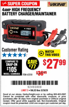 Harbor Freight Coupon 4 AMP FULLY AUTOMATIC MICROPROCESSOR CONTROLLED BATTERY CHARGER/MAINTAINER Lot No. 63350 Expired: 3/29/20 - $27.99