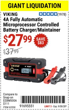 Harbor Freight Coupon 4 AMP FULLY AUTOMATIC MICROPROCESSOR CONTROLLED BATTERY CHARGER/MAINTAINER Lot No. 63350 Expired: 9/30/20 - $27.99