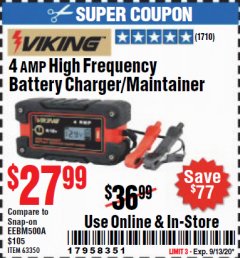 Harbor Freight Coupon 4 AMP FULLY AUTOMATIC MICROPROCESSOR CONTROLLED BATTERY CHARGER/MAINTAINER Lot No. 63350 Expired: 9/13/20 - $27.99