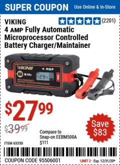 Harbor Freight Coupon 4 AMP FULLY AUTOMATIC MICROPROCESSOR CONTROLLED BATTERY CHARGER/MAINTAINER Lot No. 63350 Expired: 12/31/20 - $27.99