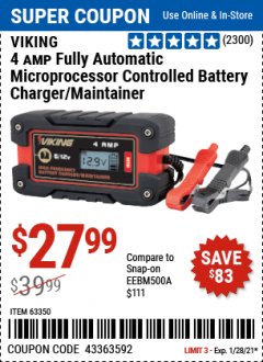 Harbor Freight Coupon 4 AMP FULLY AUTOMATIC MICROPROCESSOR CONTROLLED BATTERY CHARGER/MAINTAINER Lot No. 63350 Expired: 1/28/21 - $27.99