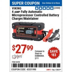 Harbor Freight Coupon 4 AMP FULLY AUTOMATIC MICROPROCESSOR CONTROLLED BATTERY CHARGER/MAINTAINER Lot No. 63350 Expired: 1/29/21 - $27.99